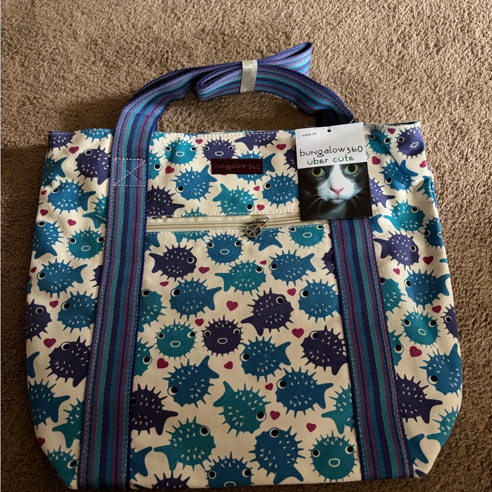 NWT Bungalow 360 Cream and Blue Puffer Fish Tote